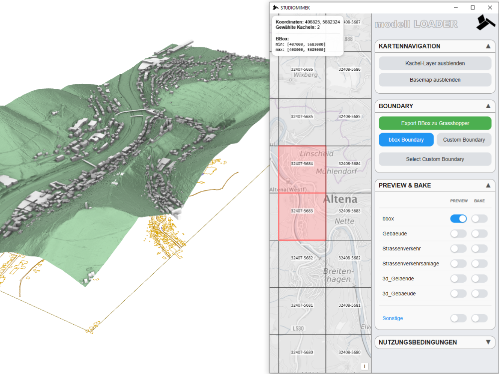 Modell Loader  Eine Grasshopper App zum einfachen laden von Gis Daten. Hier im speziellen als Vorbereitung für ein Geländemodell.